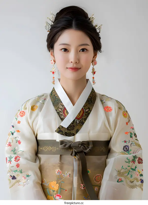 Korean Woman in Traditional Hanbok Dress with Floral Embroidery