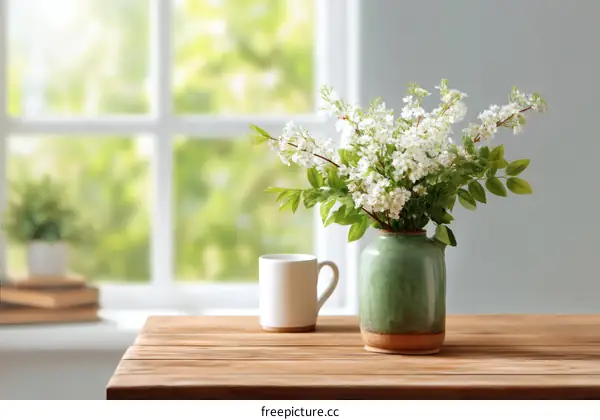 Spring Flowers in a Vase on a Wooden Table