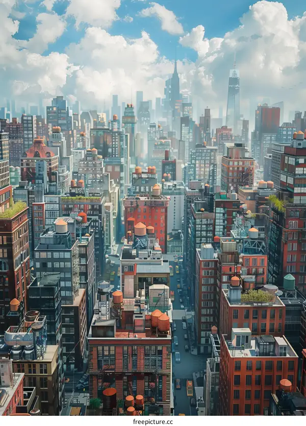 A bustling metropolis with towering skyscrapers and clear blue sky