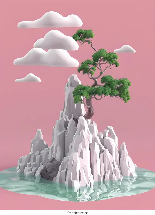 Minimalist 3D Illustration of a Mountain with a Tree and Clouds