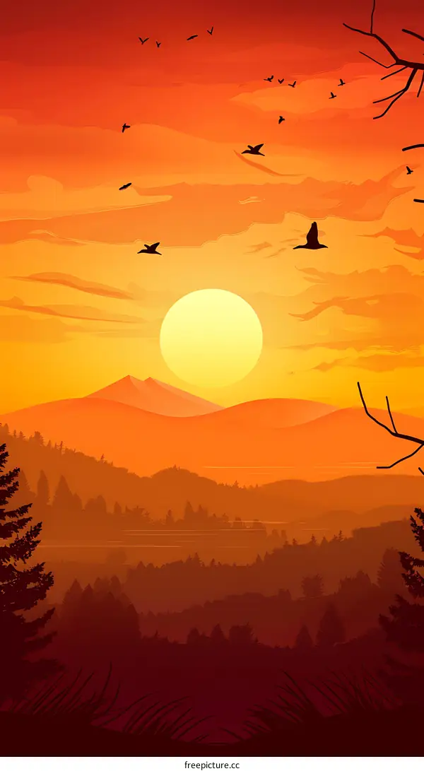 Sunset Sky Silhouette Landscape Illustration