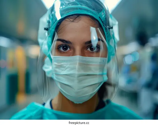 Portrait of a confident female doctor wearing a surgical mask and face shield.