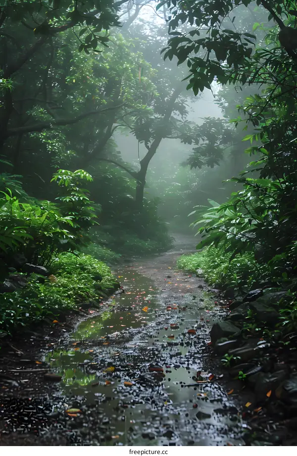 The path through the lush green forest