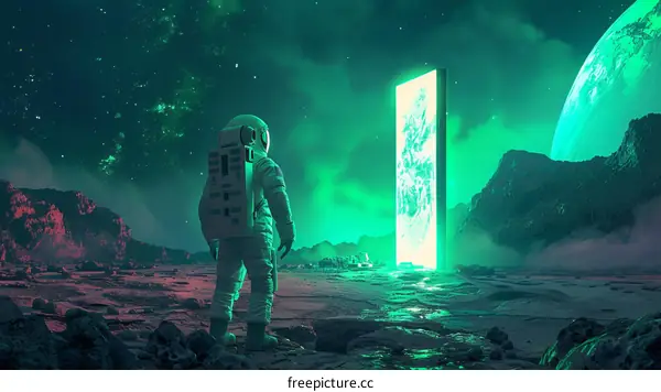 Astronaut in front of a portal on a distant planet