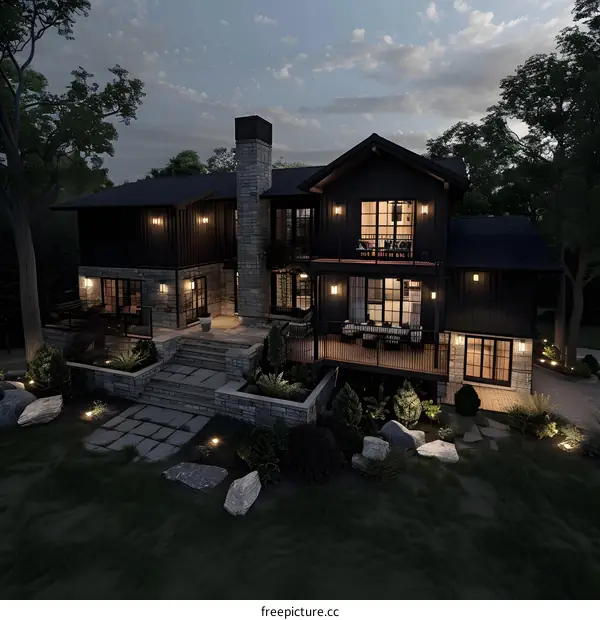 Modern Black House with Stone Exterior and Large Windows