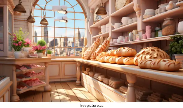 European Bakery Interior with Large Windows and Rustic Charm