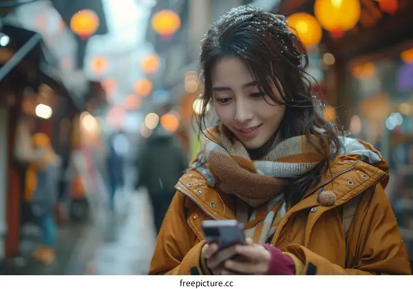 Young woman smiling while looking at her phone in a snowy street with blurred background