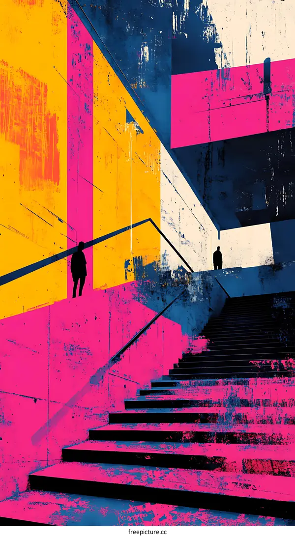 Abstract Architecture Illustration With Stairs And Two People Silhouettes