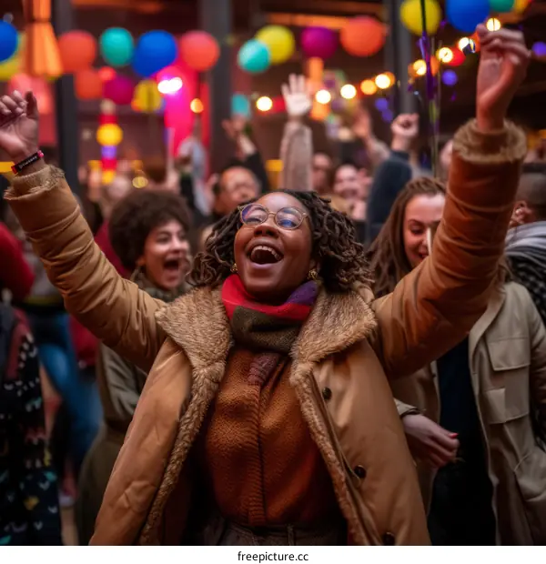 A group of diverse people are dancing and having fun at a party