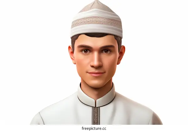 Portrait of a young Muslim man wearing a traditional white cap and brown eyes