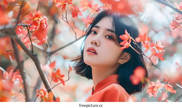 Asian Woman Portrait in the Spring Flower