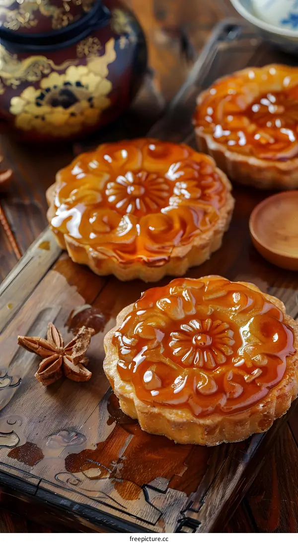 Close Up Of Chinese Mooncakes On Wooden Board