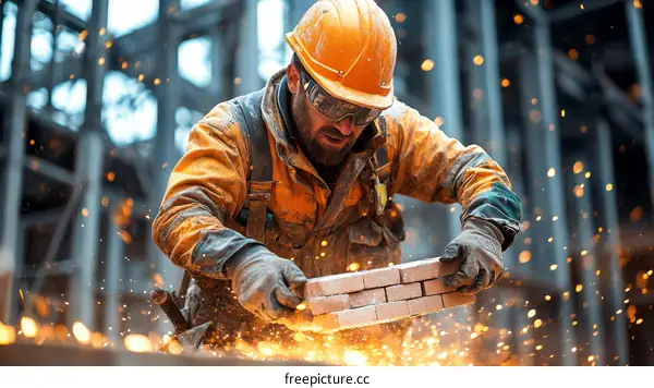 Construction Worker Cutting Bricks on a Construction Site