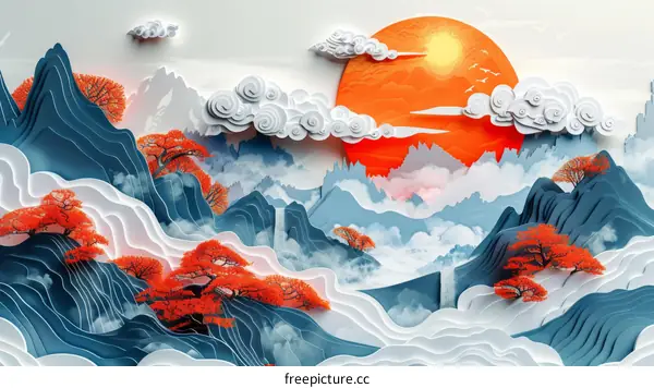 Blue and orange paper cut mountains and clouds landscape illustration