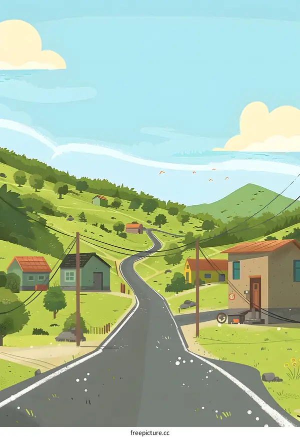 Winding Country Road Through Green Hills