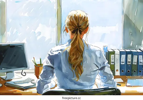 business woman looking through office window