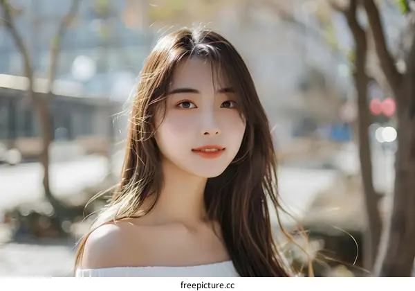Portrait of a Young Asian Woman with Long Hair Smiling in the City