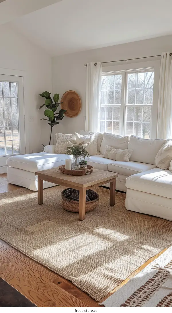 Bright and Airy Living Room With White Sectional and Natural Textures