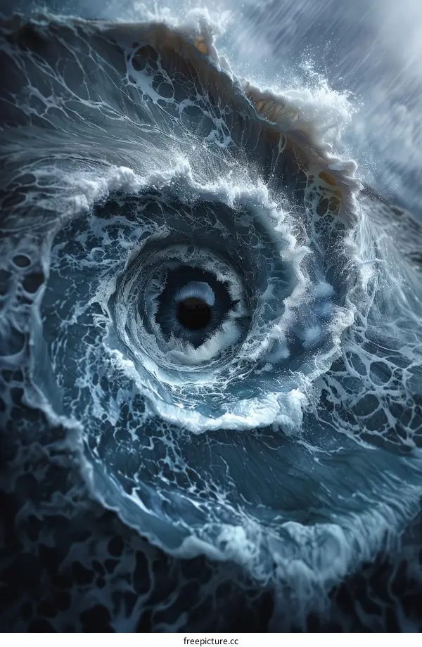 An illustration of a giant eye in a stormy sea