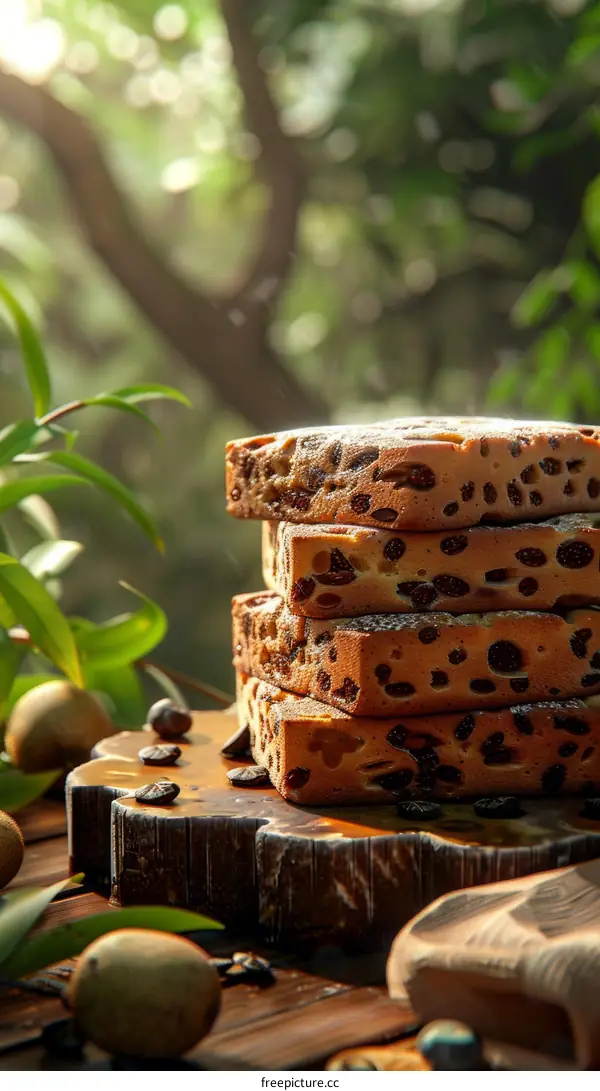 A stack of four slices of cake on a wooden table