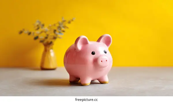 Cute Pink Piggy Bank on a Grey Table