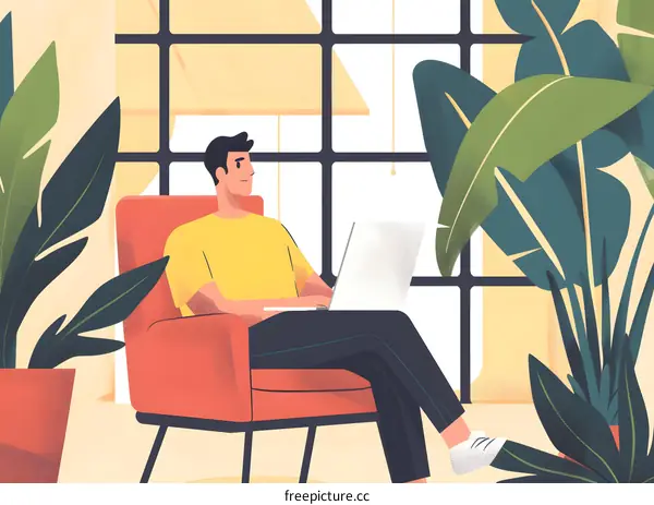 Man Working on Laptop in Cozy Home Office