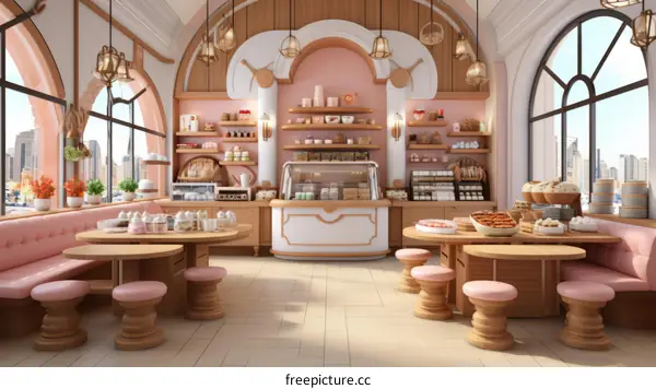 Pink Bakery Shop Illustration with White Furniture