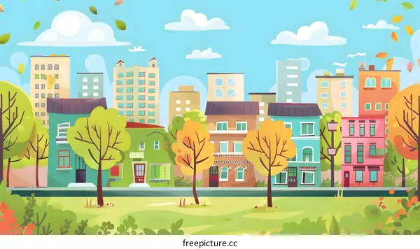 Colorful Cityscape with Autumn Trees