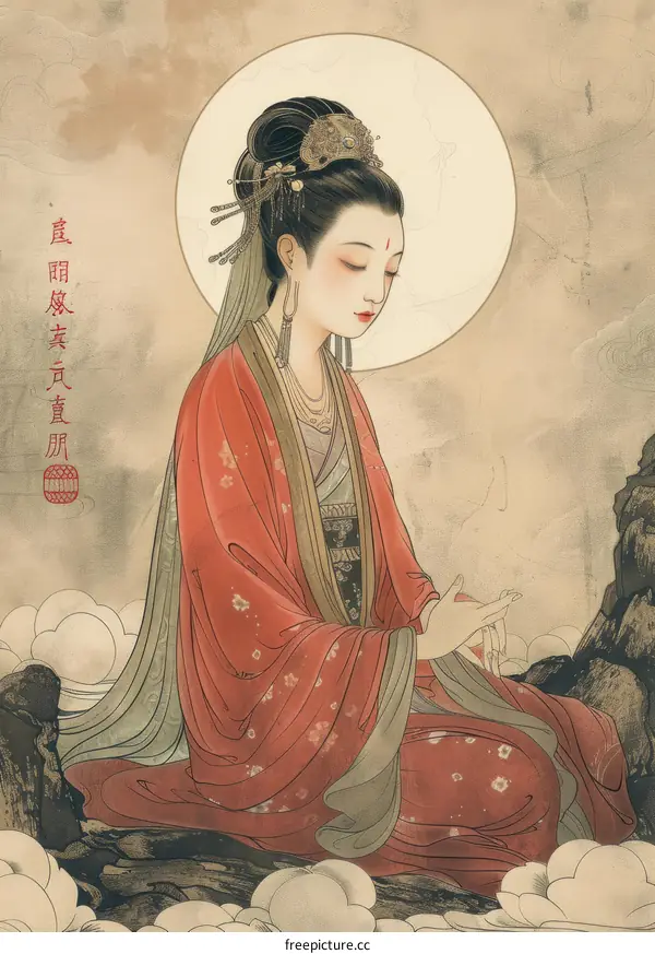 A Chinese Goddess of Mercy in Red Robes with Moon Halo