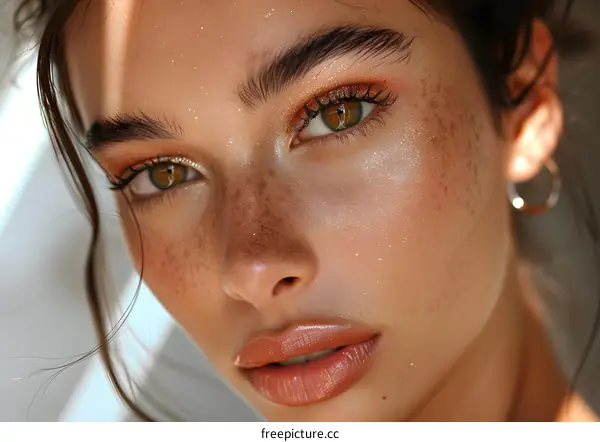 portrait of a young woman with freckles and brown eyes