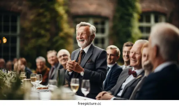Happy senior man at a party with friends