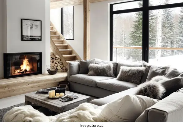 Cozy Modern Scandinavian Living Room with Fireplace