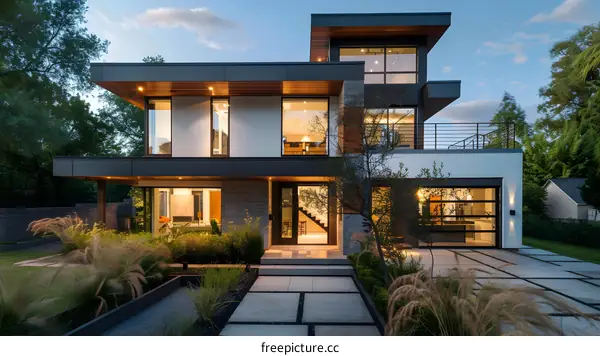 Modern House with Stone Facade and Large Windows