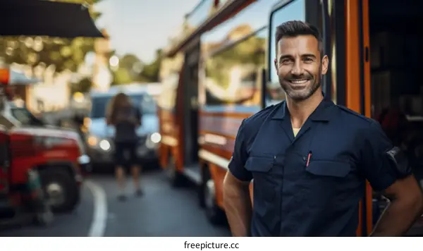 portrait of a firefighter in front of a fire truck