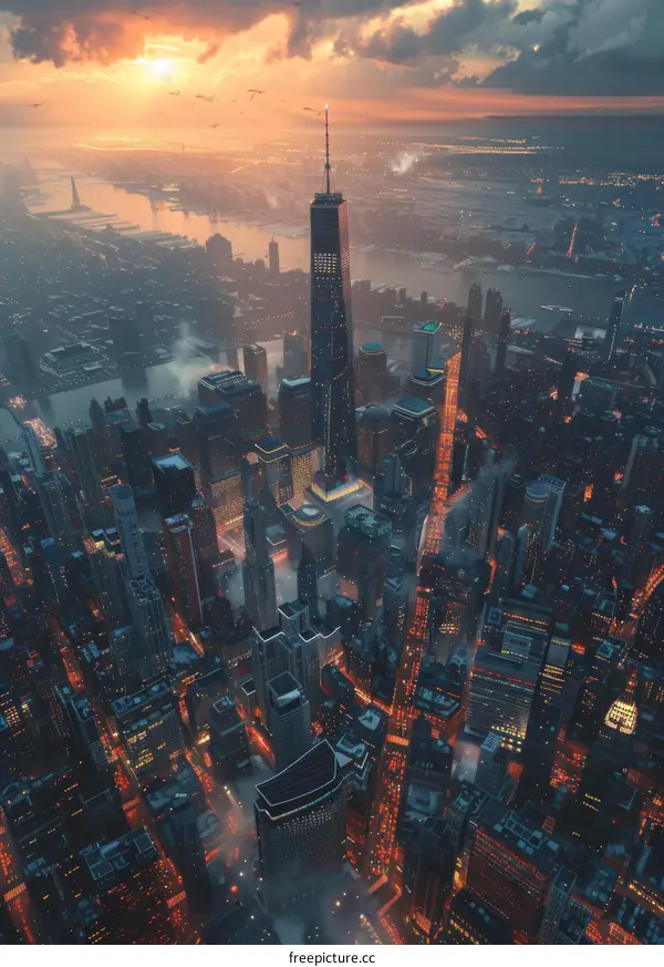 Aerial View of a Futuristic Cityscape at Dusk
