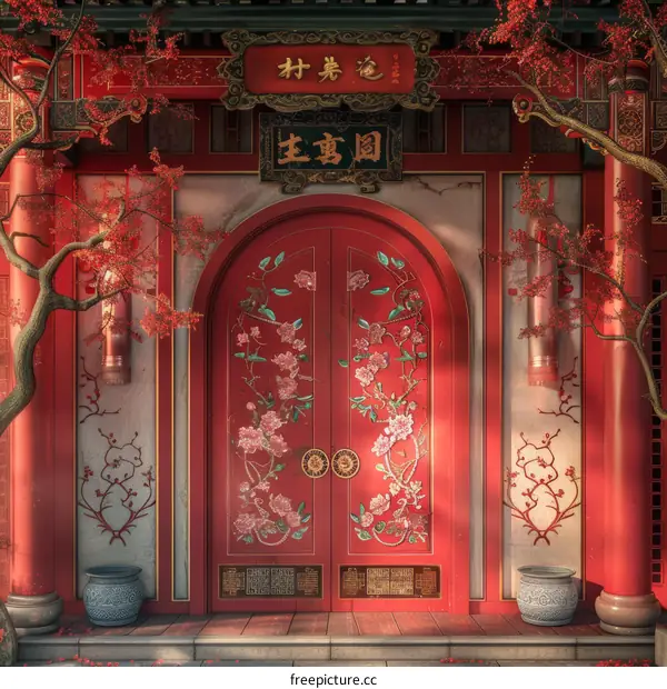 Traditional Chinese Courtyard with Red Doors and Pink Peach Blossoms