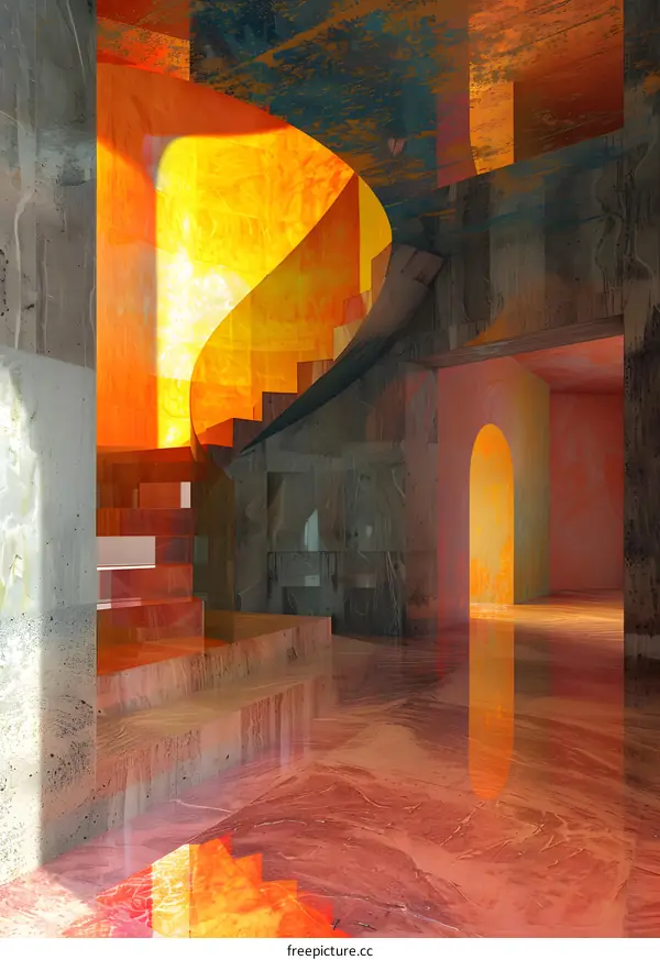 Modern interior space with spiral staircase