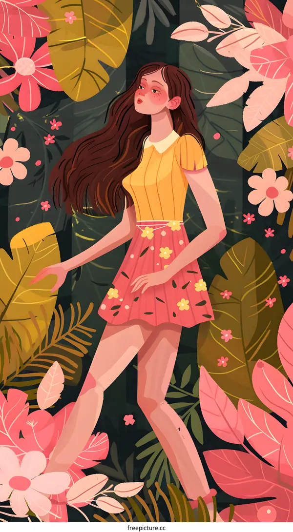 Girl in a Floral Dress Surrounded by Lush Greenery