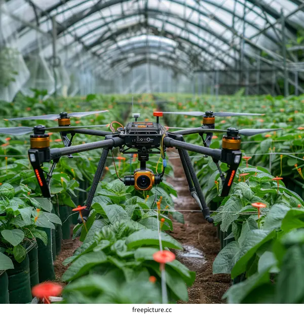Drone monitoring a greenhouse full of vegetation
