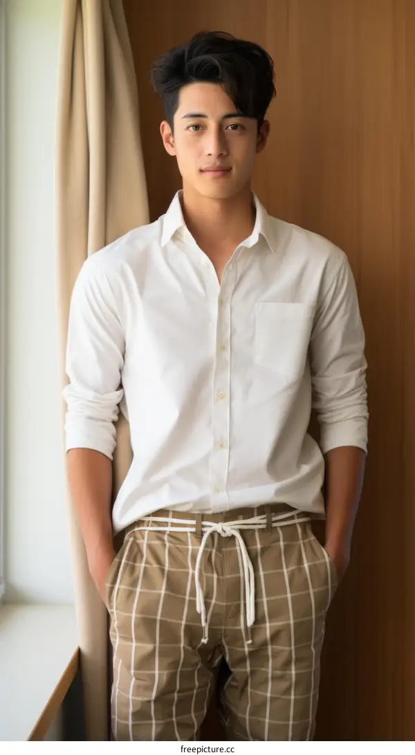 A young man is standing in front of a curtain