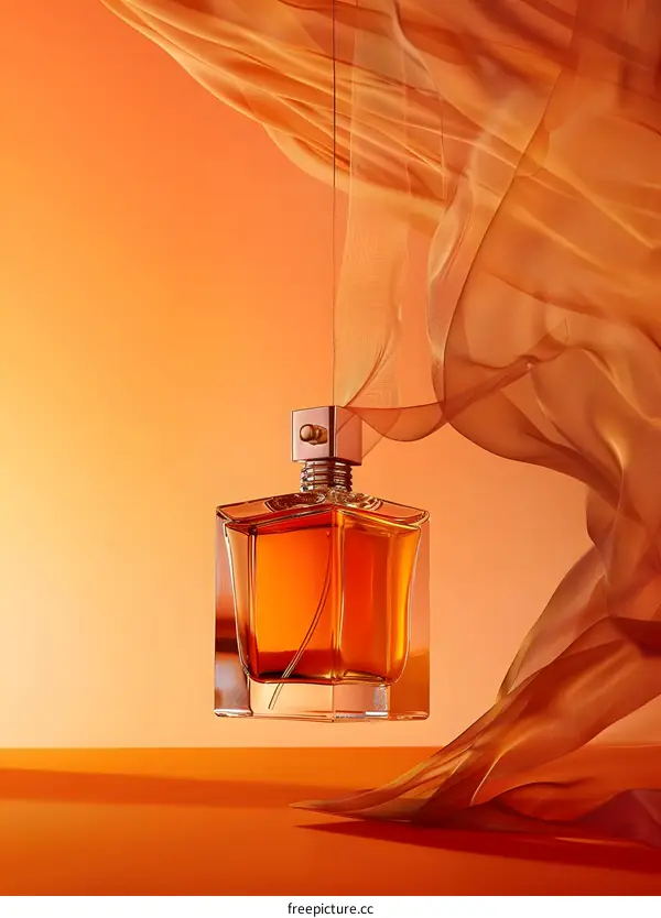 Perfume Bottle Suspended In Orange Fabric