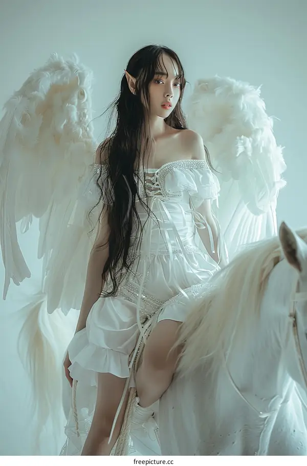 An ethereal maiden with long dark hair and feathered wings astride a white horse