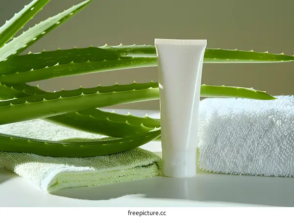 Aloe Vera Cream Natural Skin Care With Green Plant Leaves