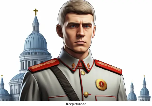 An illustration of a Russian soldier in front of Saint Basil's Cathedral