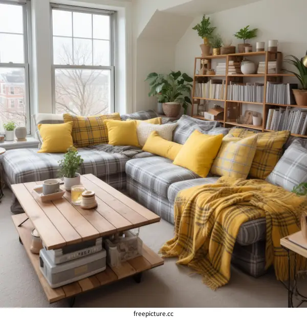 Comfortable and Cozy Living Room with Yellow and Gray Couch, Wood Coffee Table and Shelf Unit