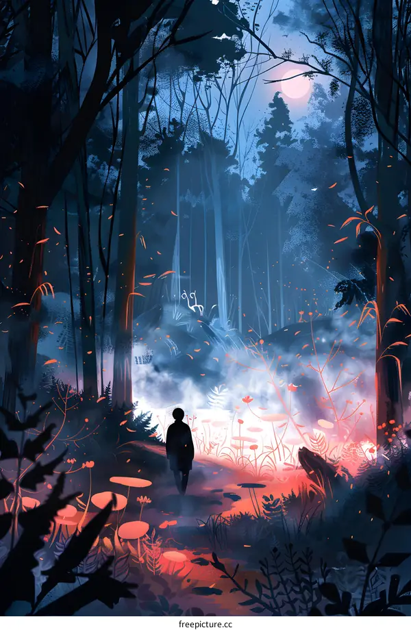 Silhouette of a Person Walking Through a Magical Forest