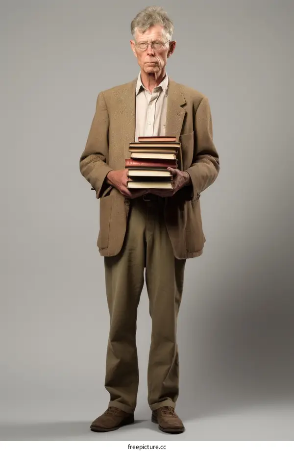 Old man holding a stack of books