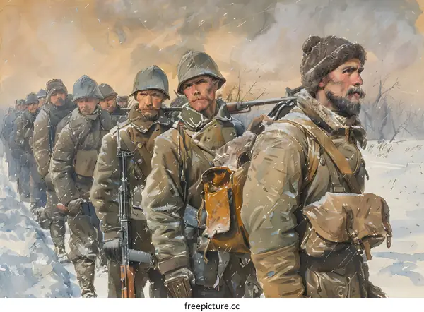 A group of soldiers wearing winter gear march through the snow during the Winter War.