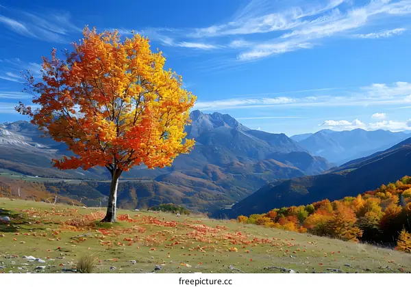 Lonely tree in autumn mountain