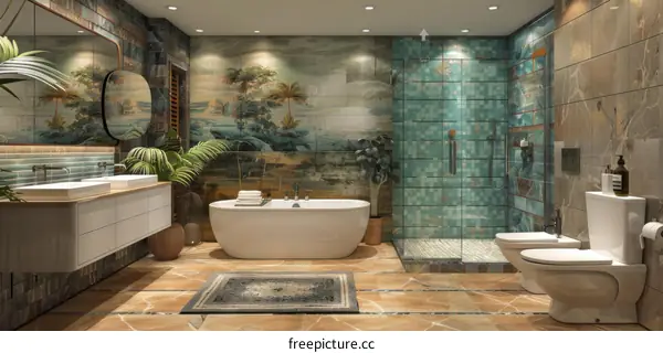 Modern Tropical Bathroom Design with Art Deco Tiles